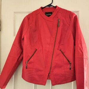 Chou Yatou Bright Pink Faux Leather Collarless Biker‎ Jacket